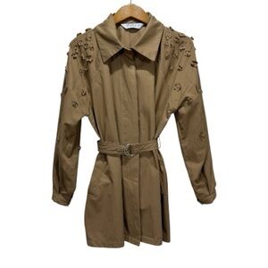 KB Studio Camel Brown Trench Coat Floral Appliqué Pearl Detail Lightweight Boho